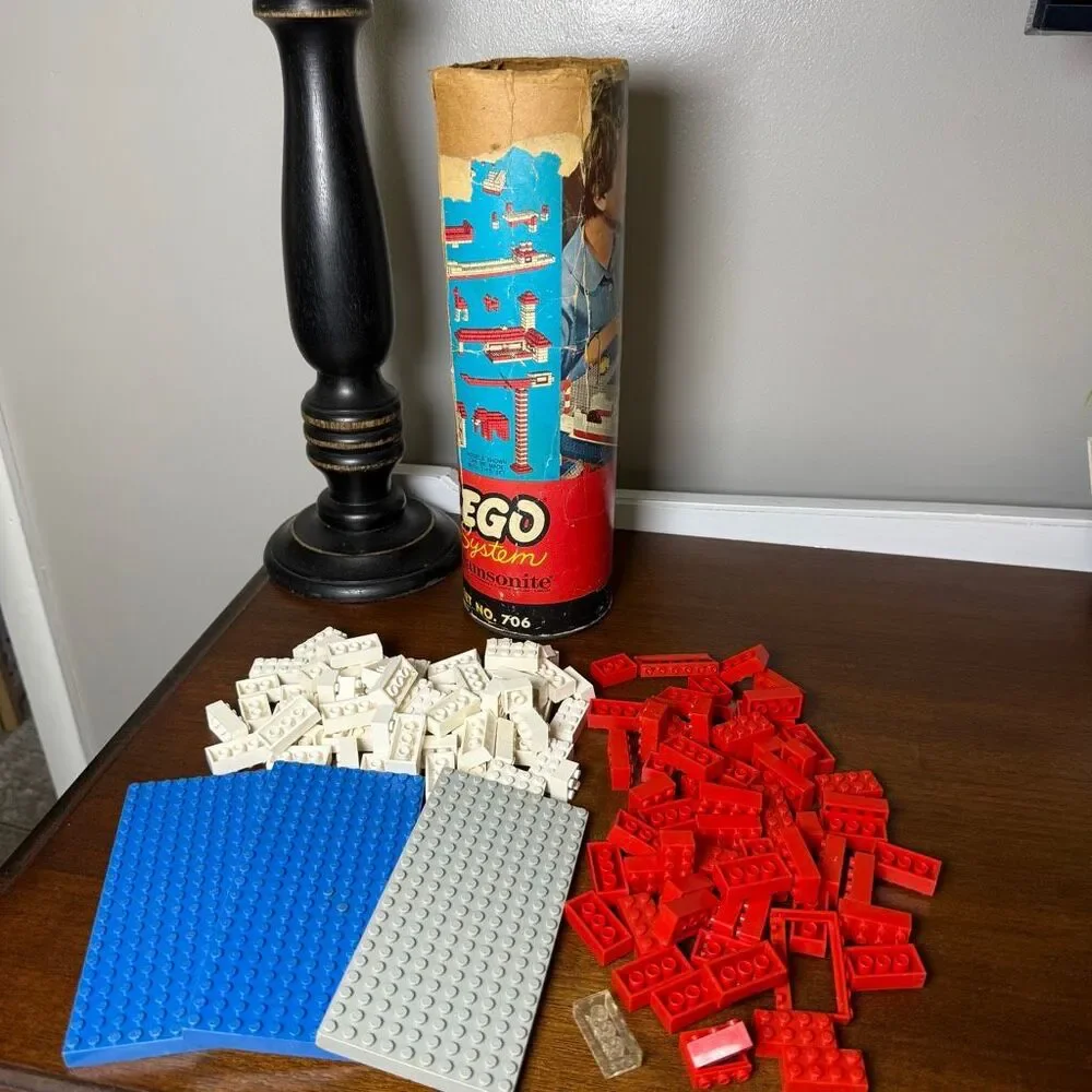 Vintage 1961 Lego System Samsonite Classic Tube Container Set - Not Complete